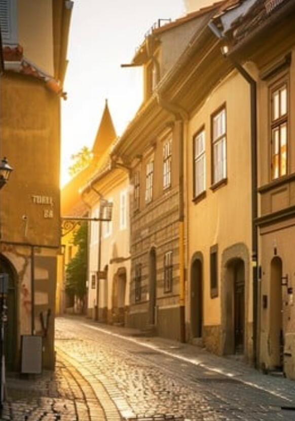 Curved cobblestone street with stone buildings with morning sun shining gold rays all over